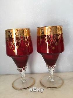 4 Vintage Hand Blown Bohemian Murano Italian Red Goblet Wine Glasses with Gold