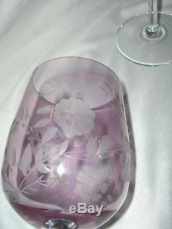 4 Vintage Irridescent Lavender Pink Wine Goblets Etched Bird Flowers NICE