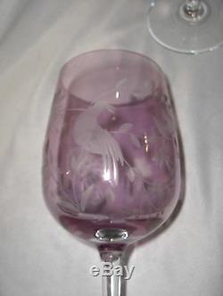 4 Vintage Irridescent Lavender Pink Wine Goblets Etched Bird Flowers NICE