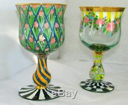 4 Vintage Mackenzie Childs Hand Painted CIRCUS Water Goblets Wine Glasses