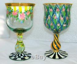 Blue Stripes Water and WIne Goblet Mackenzie Childs Pink Roses 