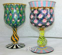 4 Vintage Mackenzie Childs Hand Painted CIRCUS Water Goblets Wine Glasses