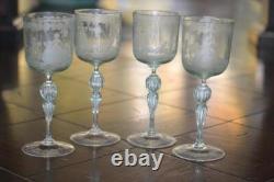 4 Vintage Murano Hand Blown Hand Etched Wine Glasses Mint Green 1950's Cherubs