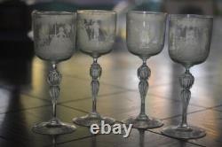 4 Vintage Murano Hand Blown Hand Etched Wine Glasses Mint Green 1950's Cherubs