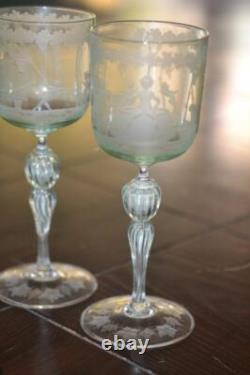 4 Vintage Murano Hand Blown Hand Etched Wine Glasses Mint Green 1950's Cherubs