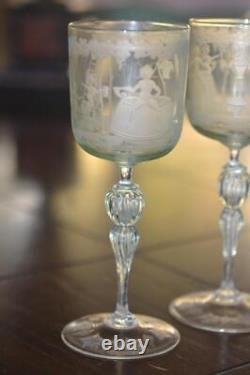 4 Vintage Murano Hand Blown Hand Etched Wine Glasses Mint Green 1950's Cherubs