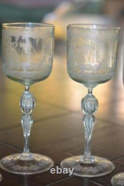 4 Vintage Murano Hand Blown Hand Etched Wine Glasses Mint Green 1950's Cherubs