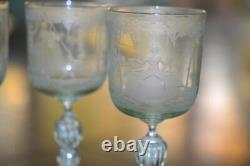4 Vintage Murano Hand Blown Hand Etched Wine Glasses Mint Green 1950's Cherubs
