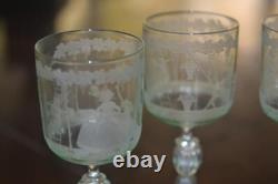 4 Vintage Murano Hand Blown Hand Etched Wine Glasses Mint Green 1950's Cherubs