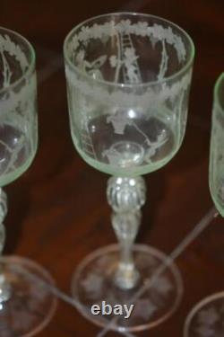 4 Vintage Murano Hand Blown Hand Etched Wine Glasses Mint Green 1950's Cherubs