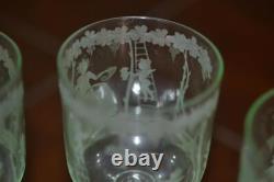 4 Vintage Murano Hand Blown Hand Etched Wine Glasses Mint Green 1950's Cherubs