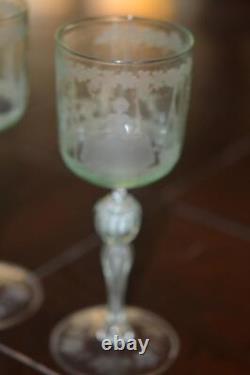 4 Vintage Murano Hand Blown Hand Etched Wine Glasses Mint Green 1950's Cherubs