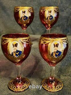 4 Vintage Naser Al-Din Shah Qajar Persian Czar Red / Gold Wine Glasses 6