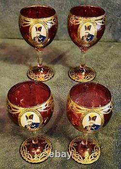 4 Vintage Naser Al-Din Shah Qajar Persian Czar Red / Gold Wine Glasses 6