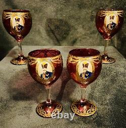 4 Vintage Naser Al-Din Shah Qajar Persian Czar Red / Gold Wine Glasses 6