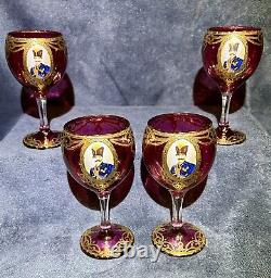 4 Vintage Naser Al-Din Shah Qajar Persian Czar Red / Gold Wine Glasses 6