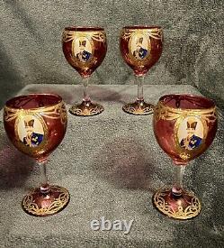 4 Vintage Naser Al-Din Shah Qajar Persian Czar Red / Gold Wine Glasses 6