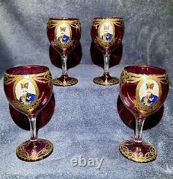 4 Vintage Naser Al-Din Shah Qajar Persian Czar Red / Gold Wine Glasses 6