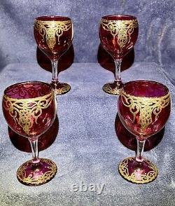 4 Vintage Naser Al-Din Shah Qajar Persian Czar Red / Gold Wine Glasses 6