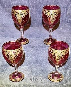 4 Vintage Naser Al-Din Shah Qajar Persian Czar Red / Gold Wine Glasses 6
