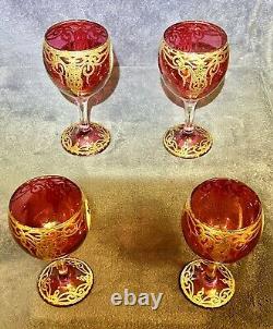 4 Vintage Naser Al-Din Shah Qajar Persian Czar Red / Gold Wine Glasses 6