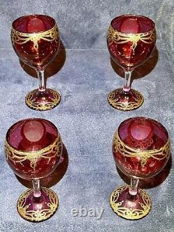 4 Vintage Naser Al-Din Shah Qajar Persian Czar Red / Gold Wine Glasses 6