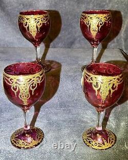 4 Vintage Naser Al-Din Shah Qajar Persian Czar Red / Gold Wine Glasses 6