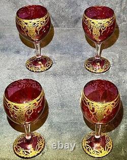 4 Vintage Naser Al-Din Shah Qajar Persian Czar Red / Gold Wine Glasses 6