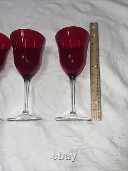 4 Vintage RUBY COLOR CUT TO CLEAR Wine Glasses Goblets One Piece No Applied