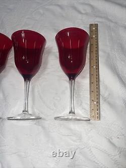 4 Vintage RUBY COLOR CUT TO CLEAR Wine Glasses Goblets One Piece No Applied
