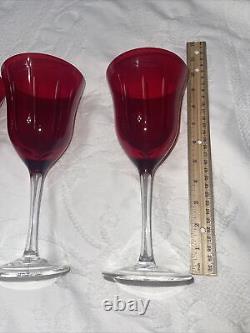 4 Vintage RUBY COLOR CUT TO CLEAR Wine Glasses Goblets One Piece No Applied