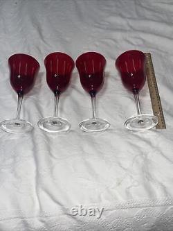 4 Vintage RUBY COLOR CUT TO CLEAR Wine Glasses Goblets One Piece No Applied