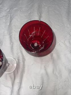 4 Vintage RUBY COLOR CUT TO CLEAR Wine Glasses Goblets One Piece No Applied