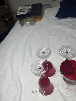 4 Vintage RUBY COLOR CUT TO CLEAR Wine Glasses Goblets One Piece No Applied