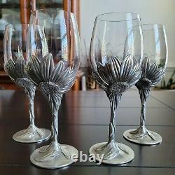 4 Vintage Royal Selangor Pewter Sunflower Stemmed Crystal Goblets Wine VHTF