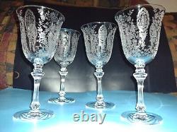 4 Vintage Tiffin June Night Wine Goblets Elegant Etched Glass Stems Fostoria