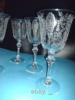 4 Vintage Tiffin June Night Wine Goblets Elegant Etched Glass Stems Fostoria