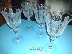 4 Vintage Tiffin June Night Wine Goblets Elegant Etched Glass Stems Fostoria
