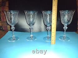 4 Vintage Tiffin June Night Wine Goblets Elegant Etched Glass Stems Fostoria