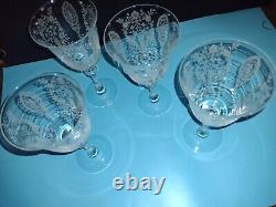 4 Vintage Tiffin June Night Wine Goblets Elegant Etched Glass Stems Fostoria