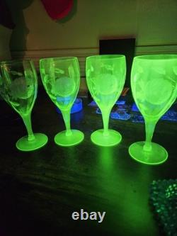 4 Vintage Uranium Depression Glass Floral Etched 7 Goblets Glows