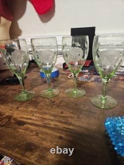 4 Vintage Uranium Depression Glass Floral Etched 7 Goblets Glows