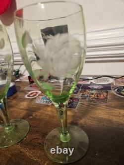 4 Vintage Uranium Depression Glass Floral Etched 7 Goblets Glows