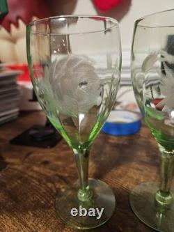 4 Vintage Uranium Depression Glass Floral Etched 7 Goblets Glows