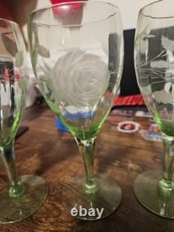 4 Vintage Uranium Depression Glass Floral Etched 7 Goblets Glows