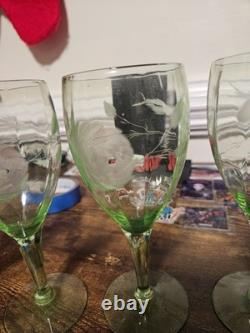 4 Vintage Uranium Depression Glass Floral Etched 7 Goblets Glows
