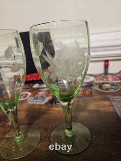 4 Vintage Uranium Depression Glass Floral Etched 7 Goblets Glows