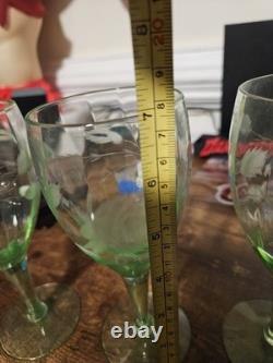 4 Vintage Uranium Depression Glass Floral Etched 7 Goblets Glows