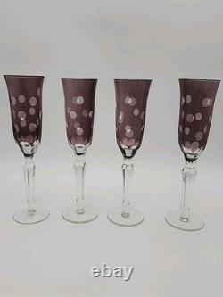 4 Vtg Purple Amethyst 9-1/2 Glass Champagne Flutes Cut to Clear Polka Dots