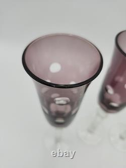 4 Vtg Purple Amethyst 9-1/2 Glass Champagne Flutes Cut to Clear Polka Dots